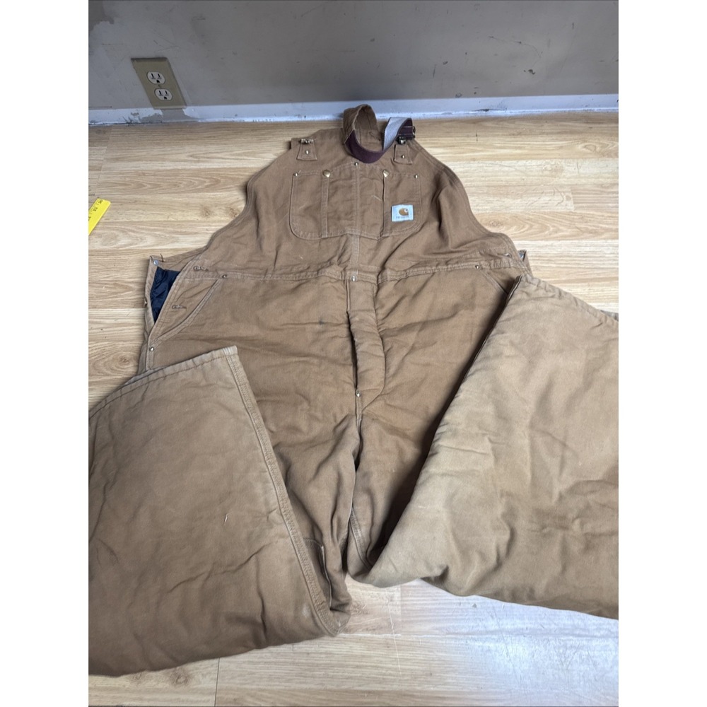 Vintage 90s Carhartt Canvas Insulated Bib Overalls Mens Sz 48x30 Brown BQ186 USA